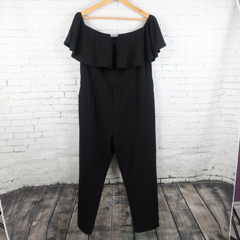 BLACK OFF THE SHOULDER V NECK STRAIGHT LEG JUMPSUIT SIZE XXL